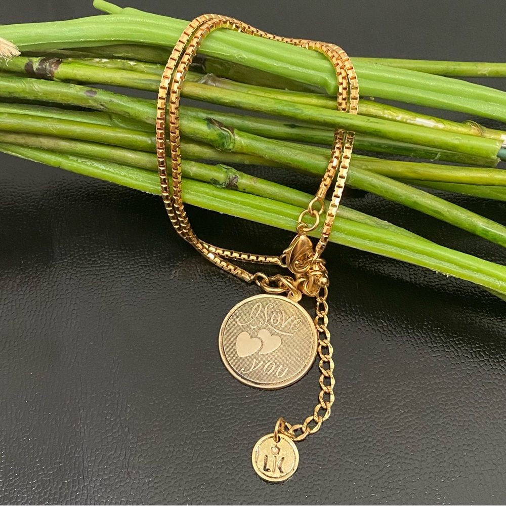 LK Gold-tone Double Chain “I Love You” Round name Plate Bracelet